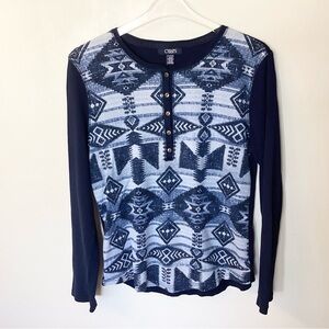 Chaps Long Sleeve Southwest Aztec Print Waffle Knit Henley Top - Blue - XL